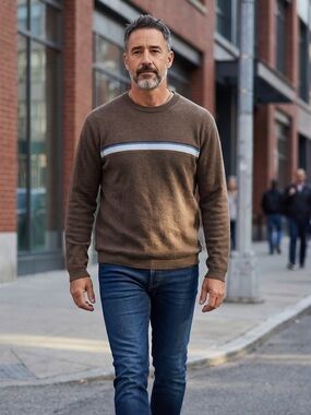 Blue and Brown Crewneck Sweater with Striped Design
